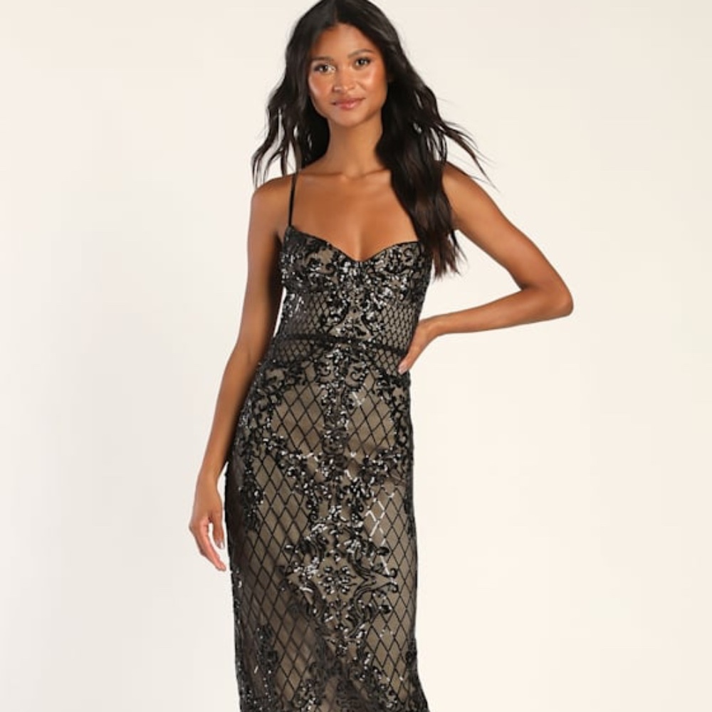 Lulus Moonlit Love Black Sequin Sleeveless Maxi Dress - Size XS